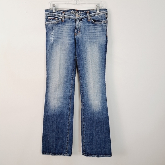 Plastic by GLY Med Wash Y2k Low Rise Boot Cut Jeans Size 11 - Picture 1 of 9